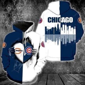 Chicago Bears And Chicago Cubs Heartbeat Love Ripped Hoodie, MLB Hoodie