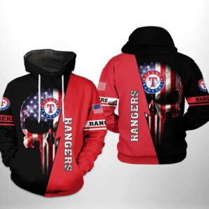 Texas Rangers MLB US Flag Skull 3D Hoodie, MLB Hoodie