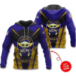Baltimore Ravens Baby Yoda Personalized All Over Hoodie, NFL Hoodie