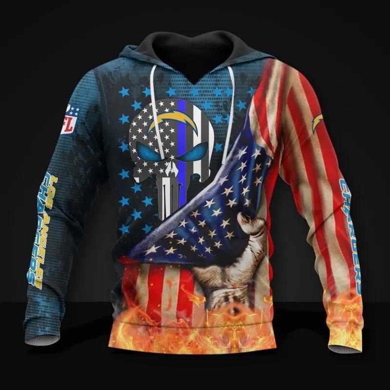 Los Angeles Chargers Skull American Flag All Over Print Hoodie, NFL Hoodie Los Angeles Chargers Skull American Flag All Over Print Hoodie, NFL Hoodie