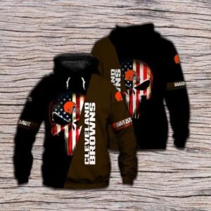 Cleveland Browns Skull American Flag Gift For Fan 3D Hoodie, NFL Hoodie