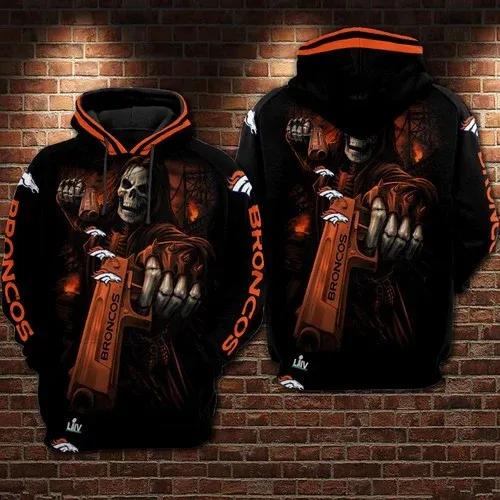 Denver Broncos Skeleton Holding Gun 3D Hoodie, NFL Hoodie Denver Broncos Skeleton Holding Gun 3D Hoodie, NFL Hoodie
