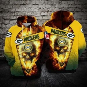 Green Bay Packers Football Skull Fire 3D Hoodie, NFL Hoodie