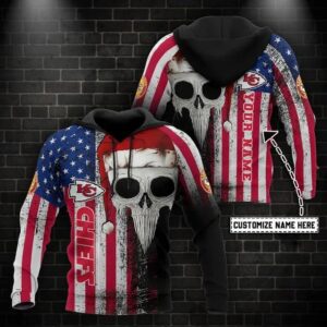 Kansas City Chiefs American Flag Skull Christmas Personalized 3D Hoodie, NFL Hoodie