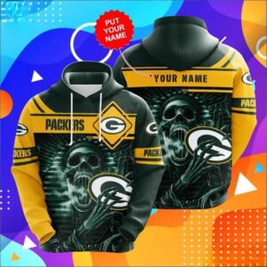 Personalized Custom Name Green Bay Packers Skull 3D Hoodie, NFL Hoodie