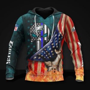Philadelphia Eagles Skull American Flag All Over Print Hoodie, NFL Hoodie