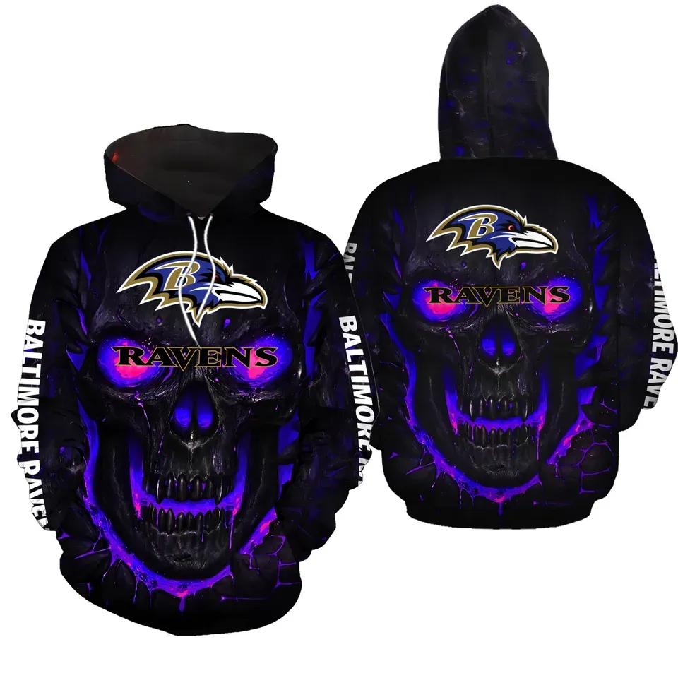 Skull Baltimore Ravens Black 3D Hoodie, NFL Hoodie Skull Baltimore Ravens Black 3D Hoodie, NFL Hoodie