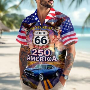Celebrate 100 Years of Road Route 66 and America 250th Anniversary Custom Car Photo Hawaiian Shirt, 250th Anniversary Gift