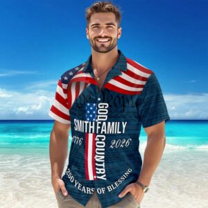 Custom Family Name Patriotic American Flag, 250 Years of Blessing God Hawaii Shirt, 250th Anniversary Gift
