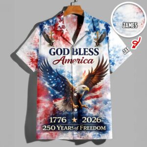 Custom Name Patriotic 250th Anniversary God Bless America Eagle 1776–2026 Hawaii Shirt, 250th Anniversary Gift