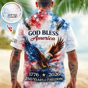 Custom Name Patriotic 250th Anniversary God Bless America Eagle 1776–2026 Hawaii Shirt, 250th Anniversary Gift