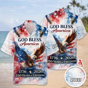 Custom Name Patriotic 250th Anniversary God Bless America Eagle 1776 2026 Hawaii Shirt 3