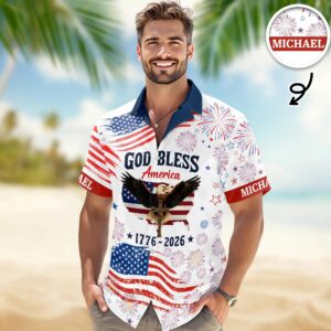 Custom Name Patriotic 250th Anniversary God Bless America Eagle Hawaii Shirt, 250th Anniversary Gift